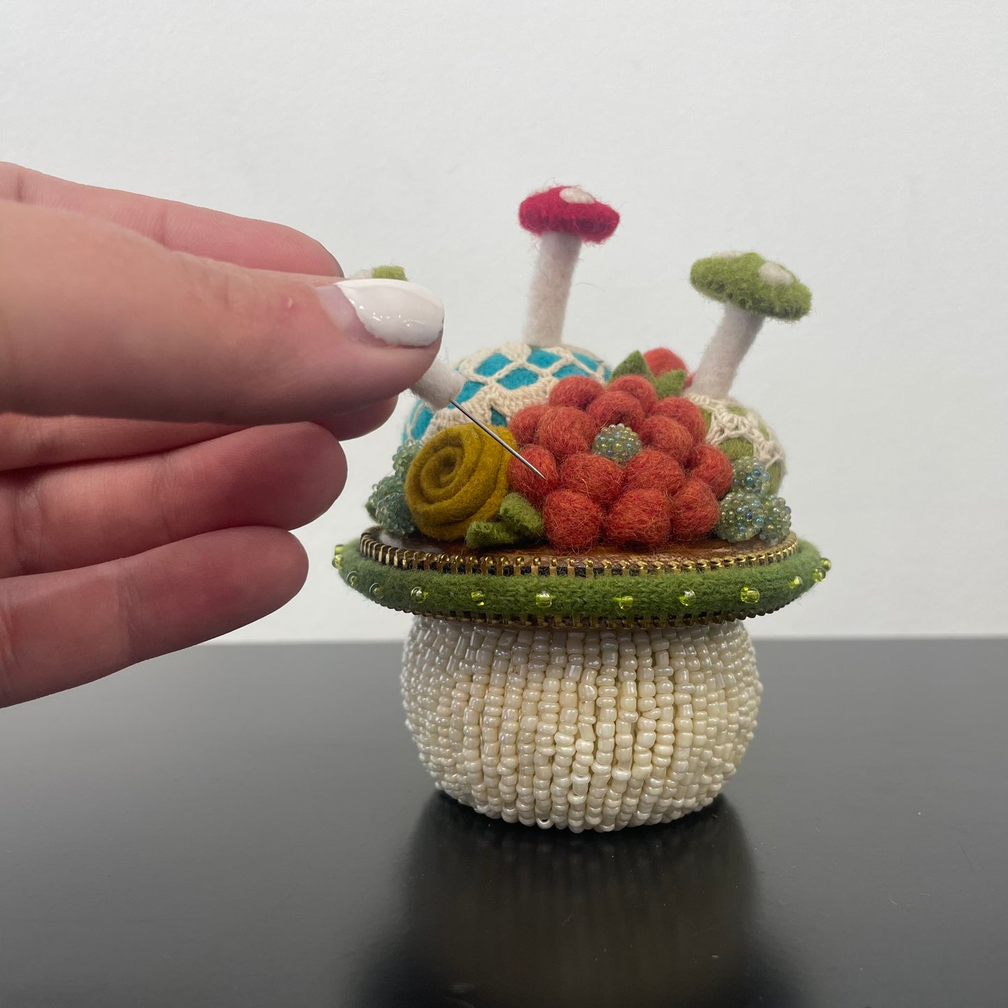 Toadstool Pincushions with Mushroom Pins by Odile Gova