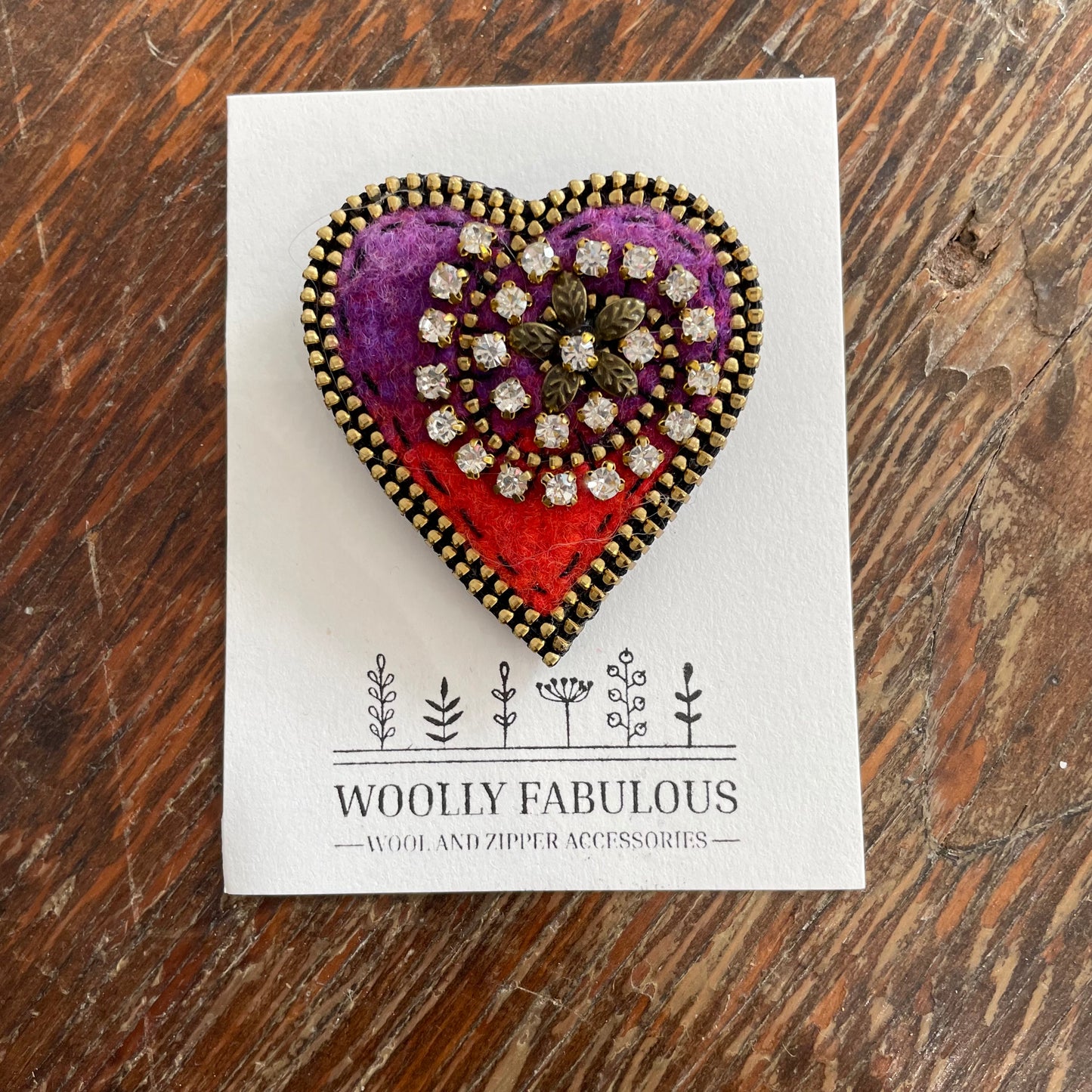Sparkly Wool & Zipper Heart Brooch by Odile Gova