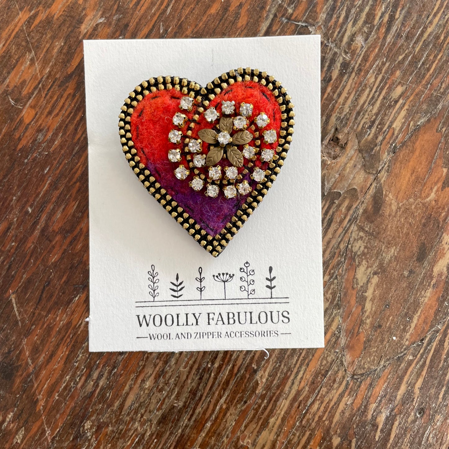 Sparkly Wool & Zipper Heart Brooch by Odile Gova