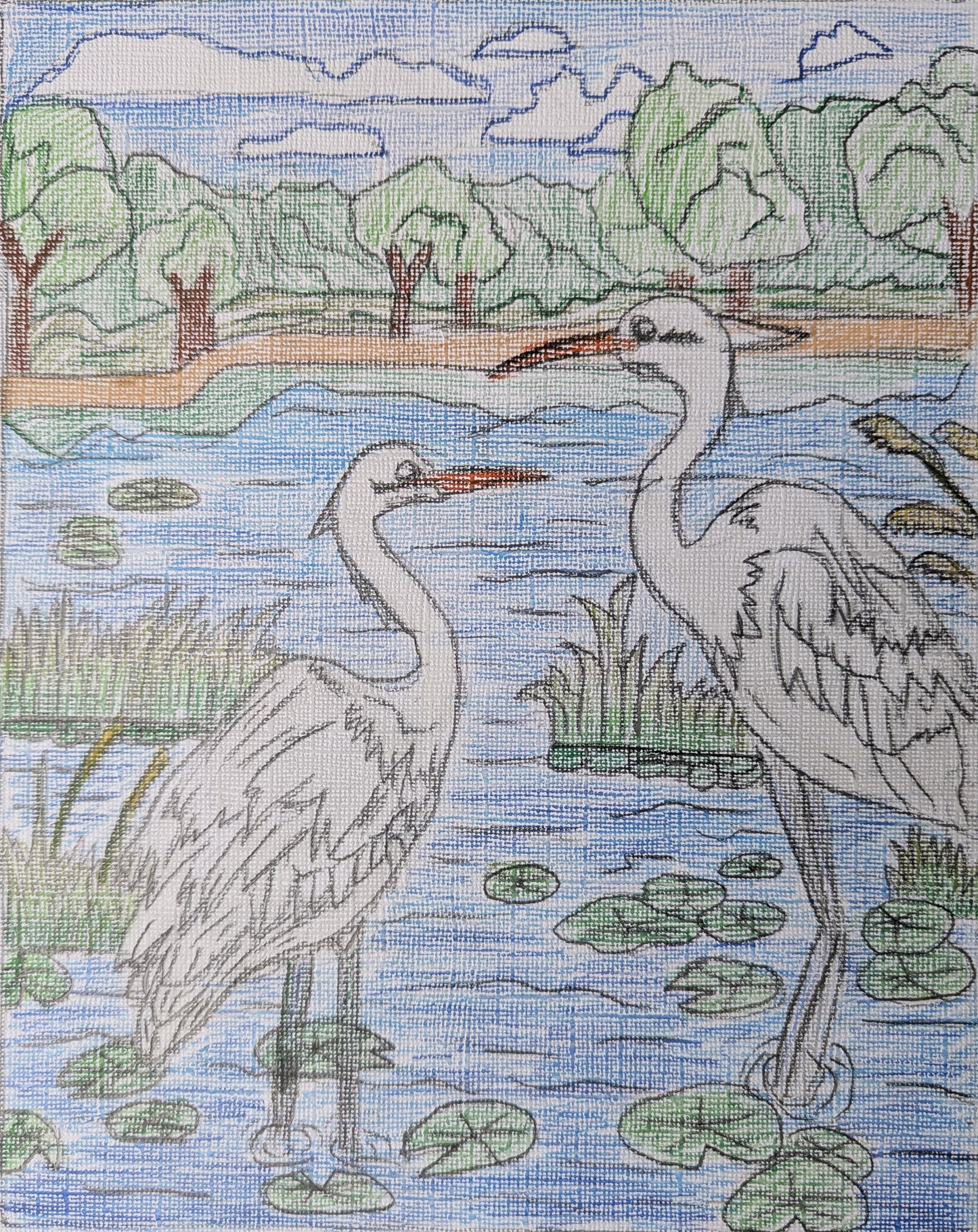Cranes in Pond by Aarya - Kids Juried Art Show