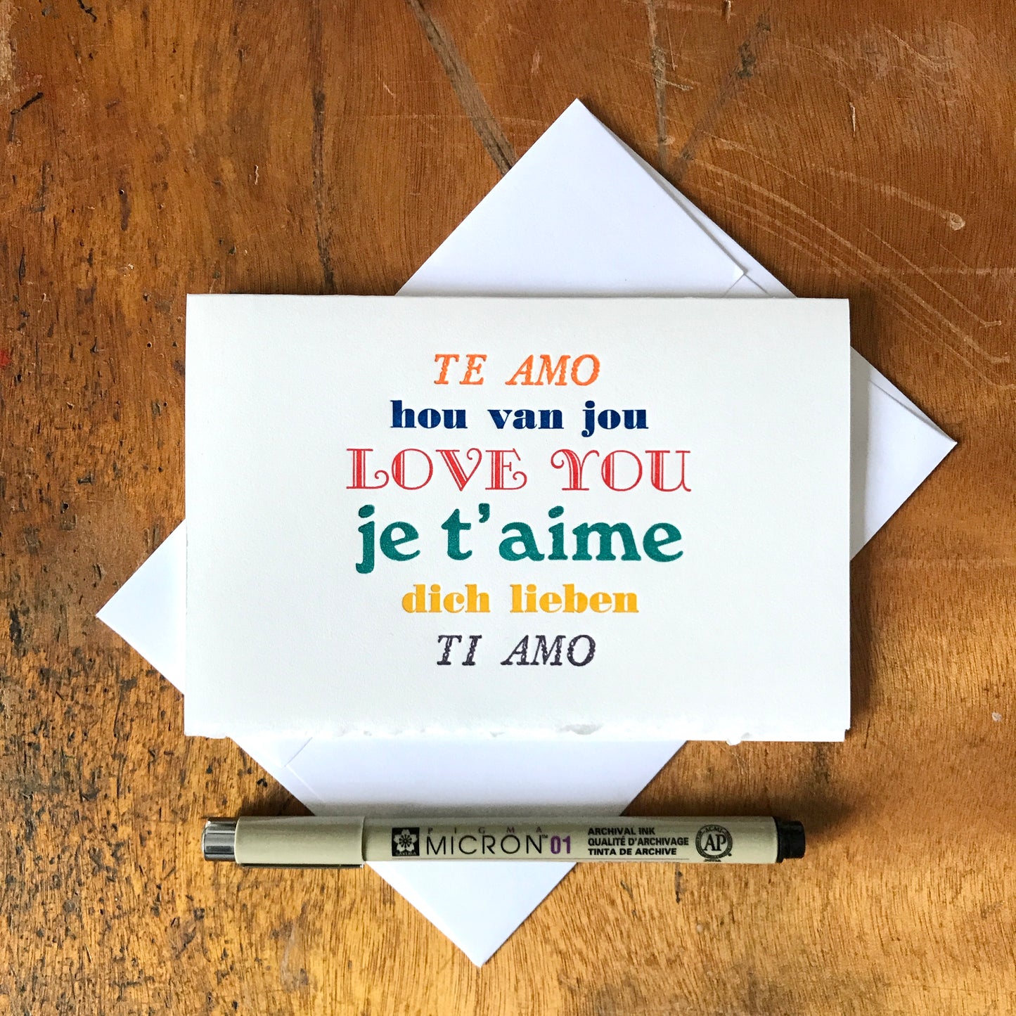 Multi-lingual LOVE YOU Letterpress card by Jacquie Sullivan