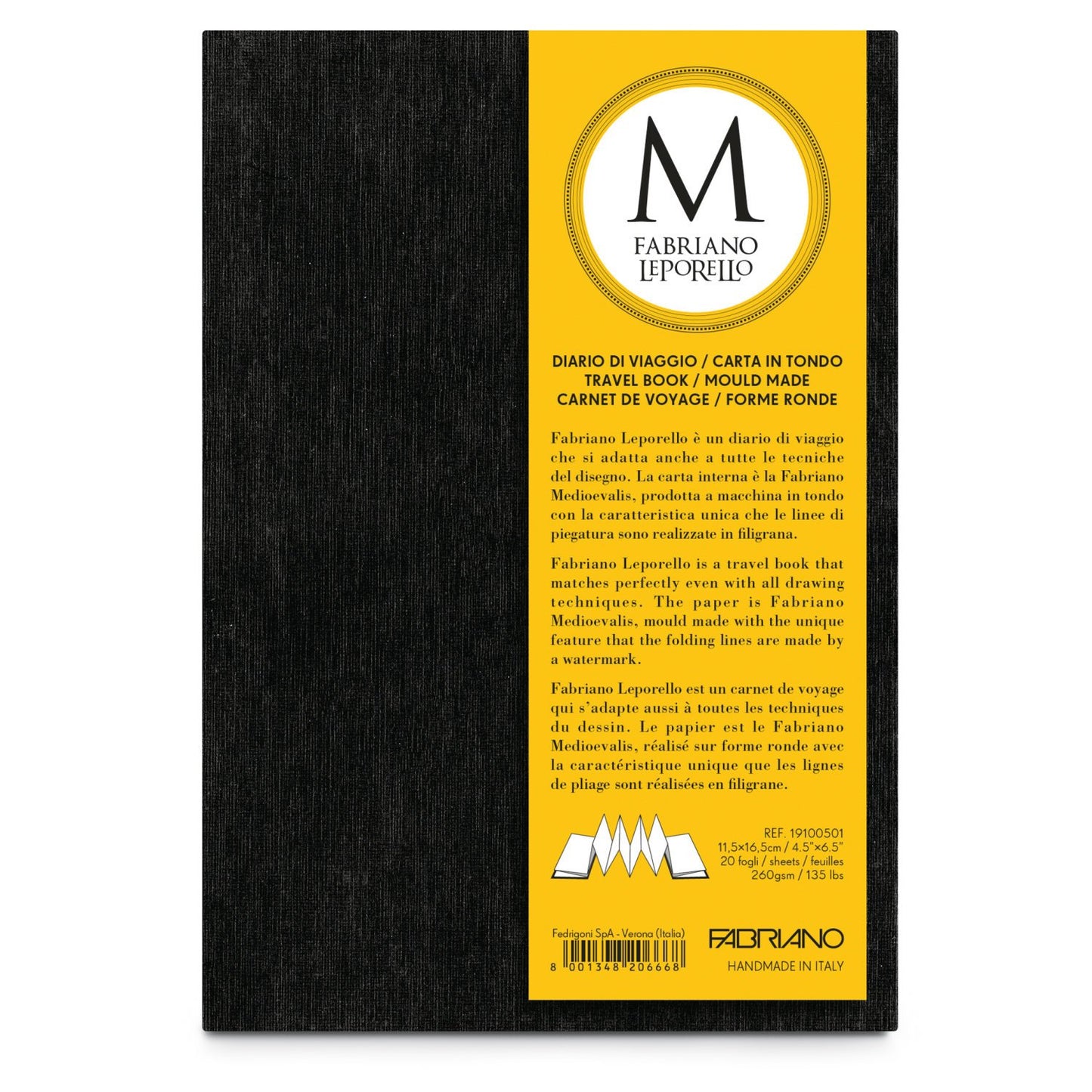 Fabriano Leporello Travel Journal - 4.5” x 6.5” (130lbs./260g.) 20 Sheets