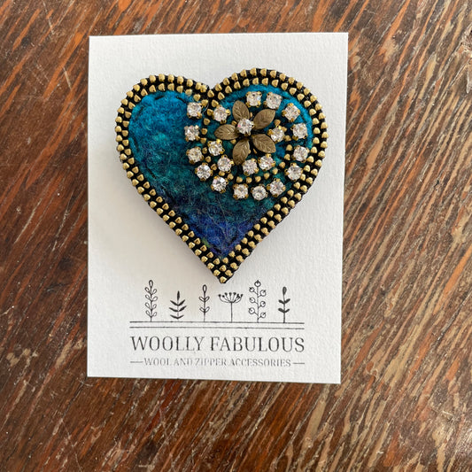 Sparkly Wool & Zipper Heart Brooch by Odile Gova