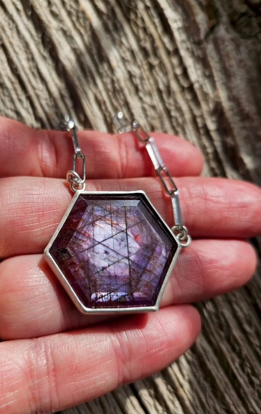 Hexagon Purple/pink Sapphire Scarab necklace by Monique van Wel