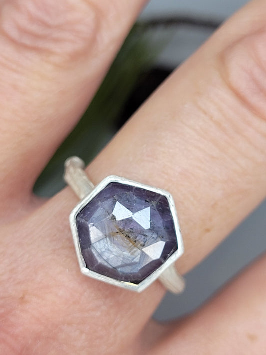 Lavender/gray hexagon Sapphire Twig Ring in Sterling Silver by Monique Van Wel - SOLD
